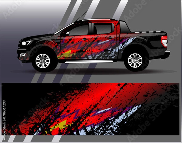 Fototapeta Car wrap design vector. Graphic abstract stripe racing background designs for vehicle, rally, race, adventure and car racing livery