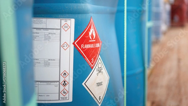 Fototapeta Flammable liquid warning sign on the chemical containment gallon. Industrial safety sign on the object, close-up with selective focus.