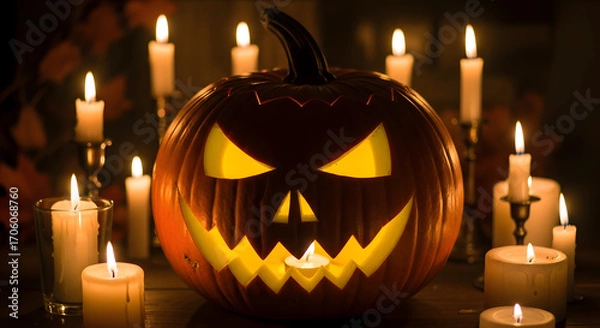 Obraz Spooky Halloween Jack-o'-lantern surrounded by glowing candles casting an eerie orange light on a dark background for festive celebrations