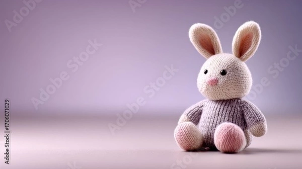 Fototapeta Knitted toy rabbit sitting on a neutral background  