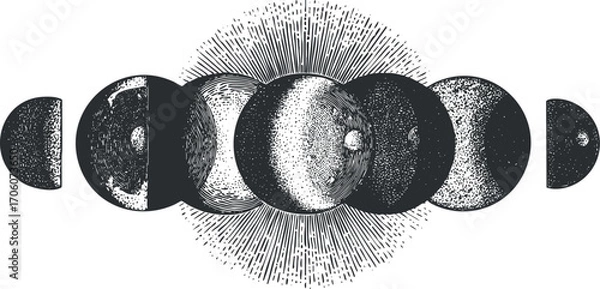 Fototapeta Illustration depicting the various phases of the moon in a circular arrangement.