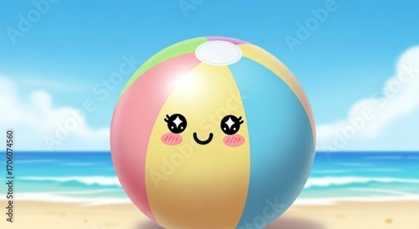 Fototapeta Cute beach ball with kawaii eyes and smile on a sandy beach.