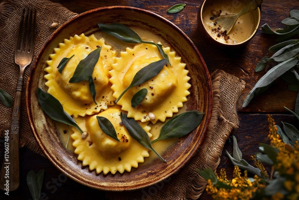 Fototapeta Overhead shot of pumpkin ravioli on a rustic plate, topped with sage leaves and butter sauce.