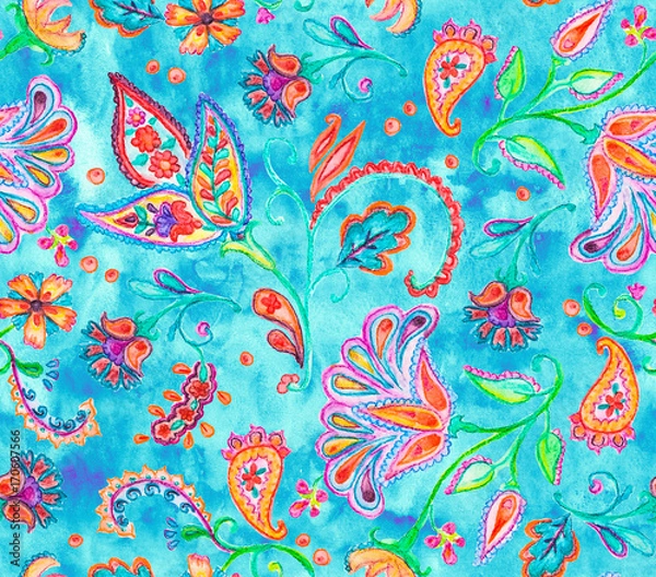 Fototapeta Hand drawn flower seamless pattern (tiling). Colorful seamless pattern with flowers, paisley and leaves. Doodle style. Perfect for textile, cover design.