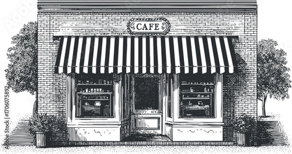 Fototapeta Illustration of a charming cafe storefront with a striped awning and outdoor seating.