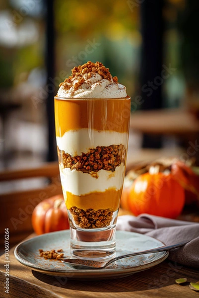 Fototapeta Vertical shot of layered pumpkin parfait in a tall glass with cream, granola and cinnamon, styled on a café table.
