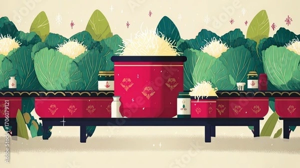Fototapeta Kimjang Festival Table with Cabbage and Jars