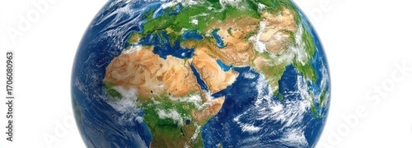 Fototapeta A digital image of Earth, showcasing continents, blue oceans, and swirls of white clouds, against a white backdrop, highlighting its diverse geography