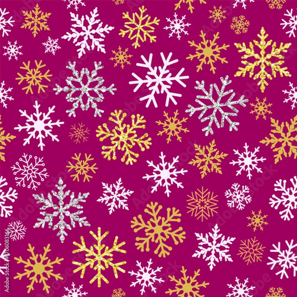 Fototapeta Christmas wrapping paper with seamless pattern. Gift box design. Winter holidays background. Season's greetings congrats elements. Purple backdrop with golden and silver snowflakes.