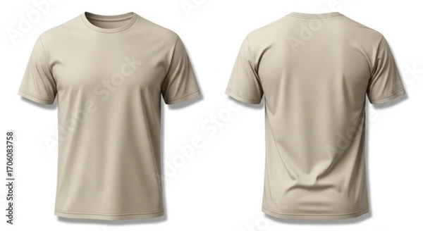 Obraz Plain Beige T-Shirt Front and Back View Isolated on White Background.