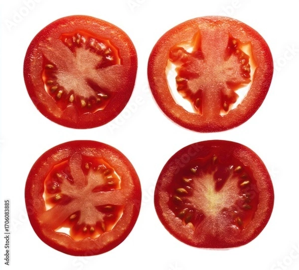 Fototapeta Four vibrant, sliced tomatoes, displayed on a white surface, reveal their juicy interior and seeds, creating a simple, organic composition