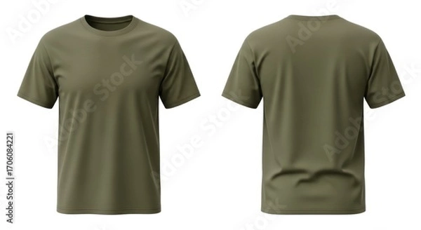 Fototapeta Front and back view of a plain olive green short-sleeved t-shirt on a white background.