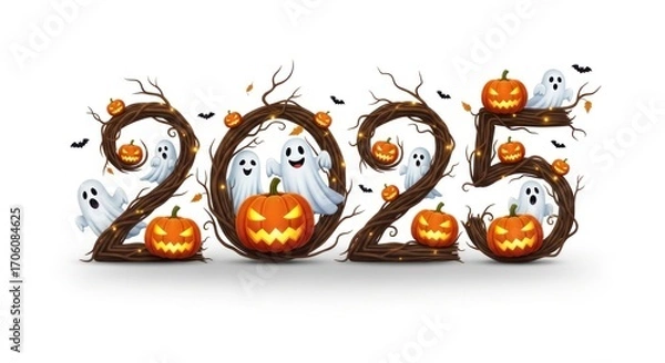 Fototapeta Halloween 2025 Festive Display with Pumpkins, Ghosts, and Spooky Twigs.