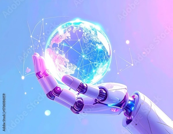Fototapeta Robot Hand Holding Digital Globe