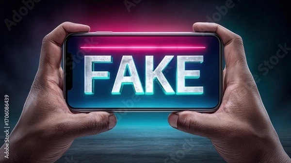 Fototapeta Person holding a smartphone with the word "FAKE" in neon lights, concept of misinformation, deception, digital warning