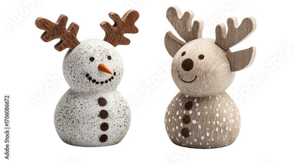 Fototapeta Small ceramic reindeer Christmas ornament with antlers, adorable holiday on transparent png background. Ai generated