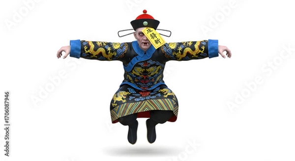 Obraz A mysterious Chinese zombie dressed in traditional attire leaps with outstretched arms, looking spooky