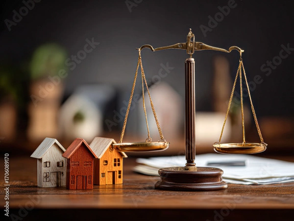 Fototapeta A decorative balance scale beside miniature houses, symbolizing justice in real estate or property matters, set against a blurred background.