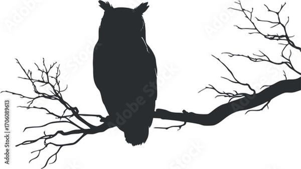 Fototapeta A striking silhouette of an owl perched on a branch against a white background.