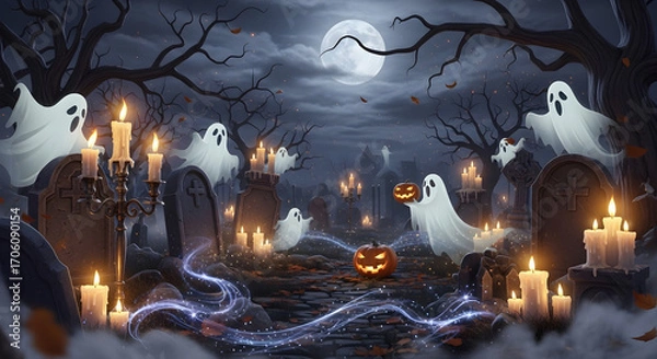 Obraz Whimsical ghosts celebrating in a haunted graveyard with glowing pumpkins and candles under a full moon for Halloween night