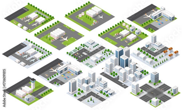 Fototapeta Set of isometric city and airport modules representing urban infrastructure