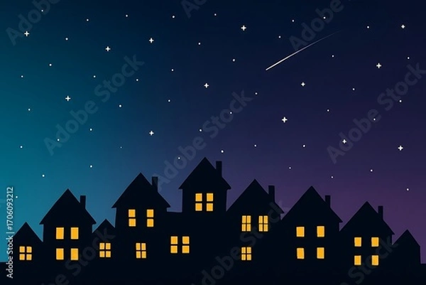Fototapeta Silhouette of a tranquil neighborhood with warm glowing windows under a beautiful starry night sky. A peaceful cosmic vector illustration backdrop