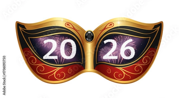 Fototapeta Golden Masquerade Mask with 2026 Numbers and Fireworks for Celebration