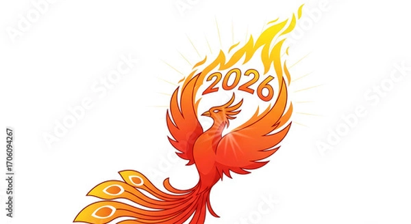 Fototapeta Fiery Phoenix Bird Flying Upward with 2026 in Flames