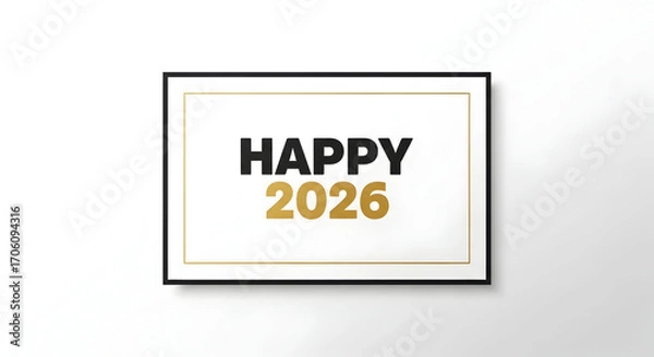 Fototapeta Framed Happy 2026 Greeting with Black and Gold Text on White Wall