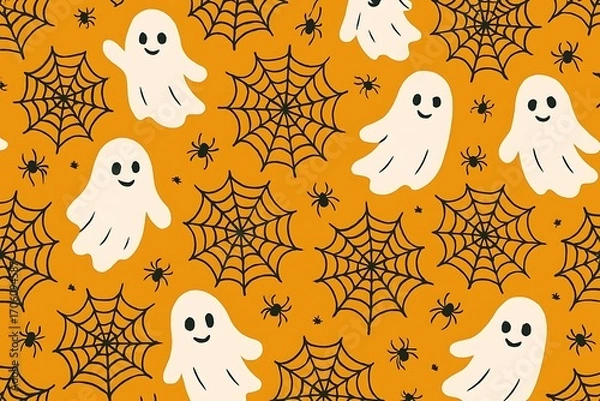 Fototapeta A fun and spooky seamless Halloween pattern featuring cute cartoon ghosts, intricate spiderwebs, and small spiders on a vibrant orange background