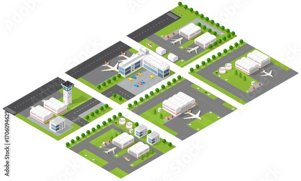 Fototapeta Isometric airport modules showing control tower, hangars, and airplanes