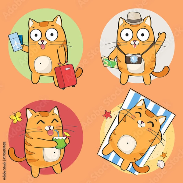 Fototapeta Cute cat character. Set of cute cartoon cat in various poses