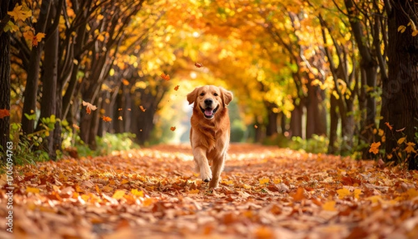 Fototapeta Happy Golden Retriever Dog Running on Vibrant Autumn Path with Fallen Leaves