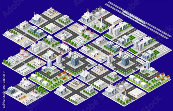 Fototapeta Industrial city blocks expanding with factories, offices, and railway passing through