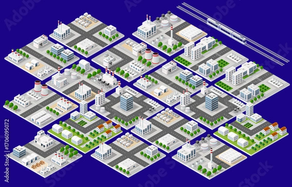Fototapeta Industrial city blocks expanding with factories, offices, and railway passing through