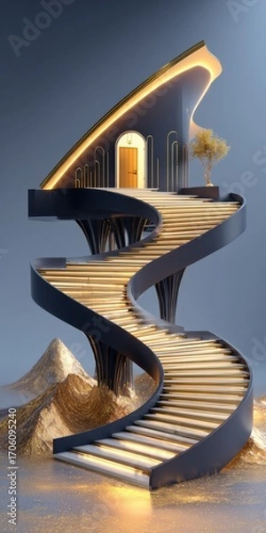 Fototapeta Surreal 3D Render of Grand Piano with Staircase and Tiny Door, Minimal Stage with Warm Tungsten Rim Light | Abstract Conceptual Art