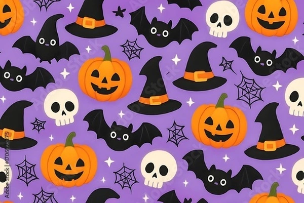 Fototapeta Halloween Pattern with Pumpkins, Bats, and Witch Hats on Purple Background, Halloween Illustrations Seamless for Fabric, Card, Packaging
