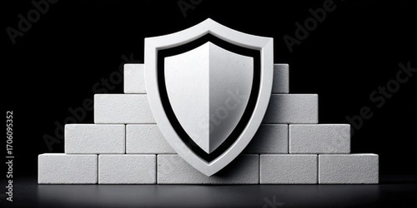 Fototapeta Shield Icon of White Blocks on Black Surface for Block-Level Security, Cybersecurity, Data Protection Concept. Copy Space Included.