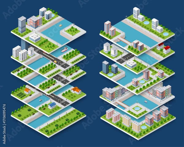 Fototapeta Modular city blocks representing urban planning and infrastructure development