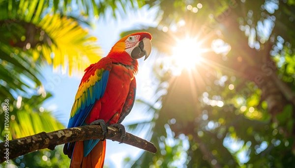 Fototapeta Colorful Macaw Bird on Tree Branch with Sun Rays in Tropical Forest