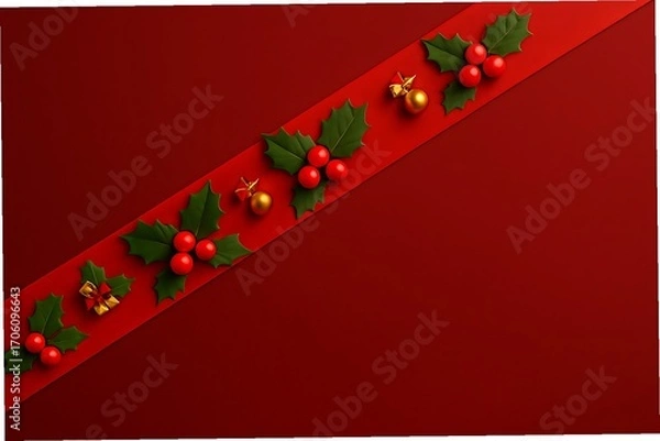 Fototapeta Elegant deep red holiday design featuring a diagonal ribbon with traditional Christmas holly, festive berries, and shining golden ornaments