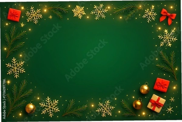 Fototapeta Elegant Christmas background with a festive border of pine branches, golden snowflakes, and red gift boxes on a dark green textured surface
