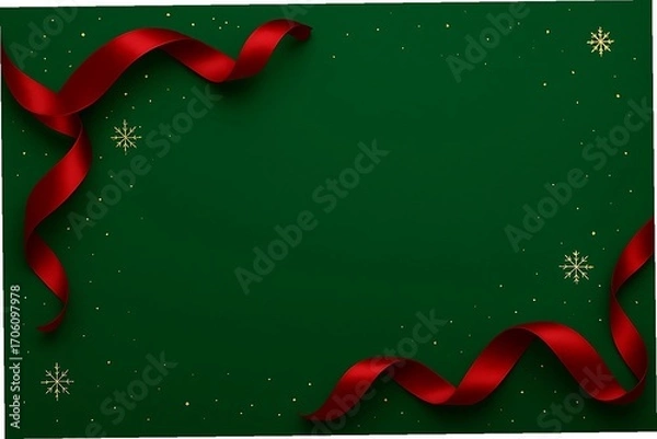 Fototapeta Elegant Christmas holiday background with a flowing red silk ribbon and golden snowflakes on a dark green backdrop, perfect for festive cards