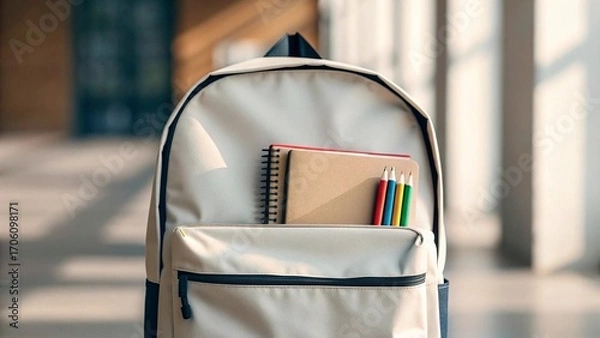 Fototapeta Back to school concept. School backpack with books and pencils on blurred background
