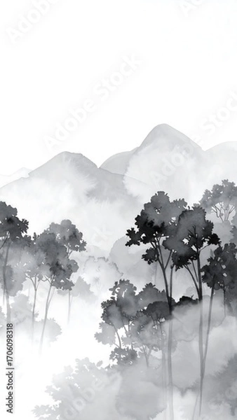 Fototapeta Misty mountain range with trees