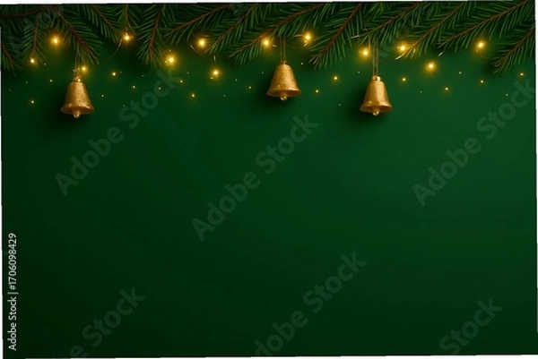 Fototapeta Festive holiday background design with hanging bells, twinkling lights, and evergreen branches against a rich green backdrop; perfect for Christmas greetings