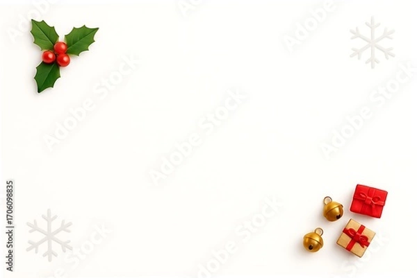 Fototapeta Christmas holiday flat lay composition with holly berries, miniature gift boxes and jingle bells on a clean white background with copy space
