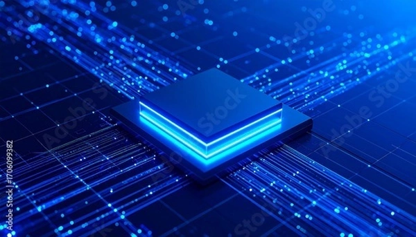Fototapeta A sophisticated, dark blue, digital circuit board showcases a prominent, luminous, square processor chip, highlighting complex technology.