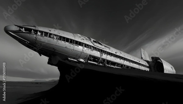 Obraz Monochrome Dramatic Image: Crashed Spaceship on Desolate Planet, Sci-Fi Post-Apocalyptic Landscape