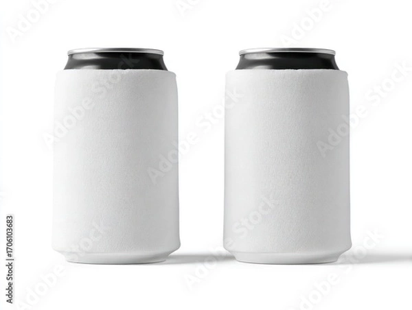 Fototapeta Two cylindrical cans are adorned with white sleeves, set against a clean, white background. They feature dark metallic tops. Minimalist and clean aesthetic
